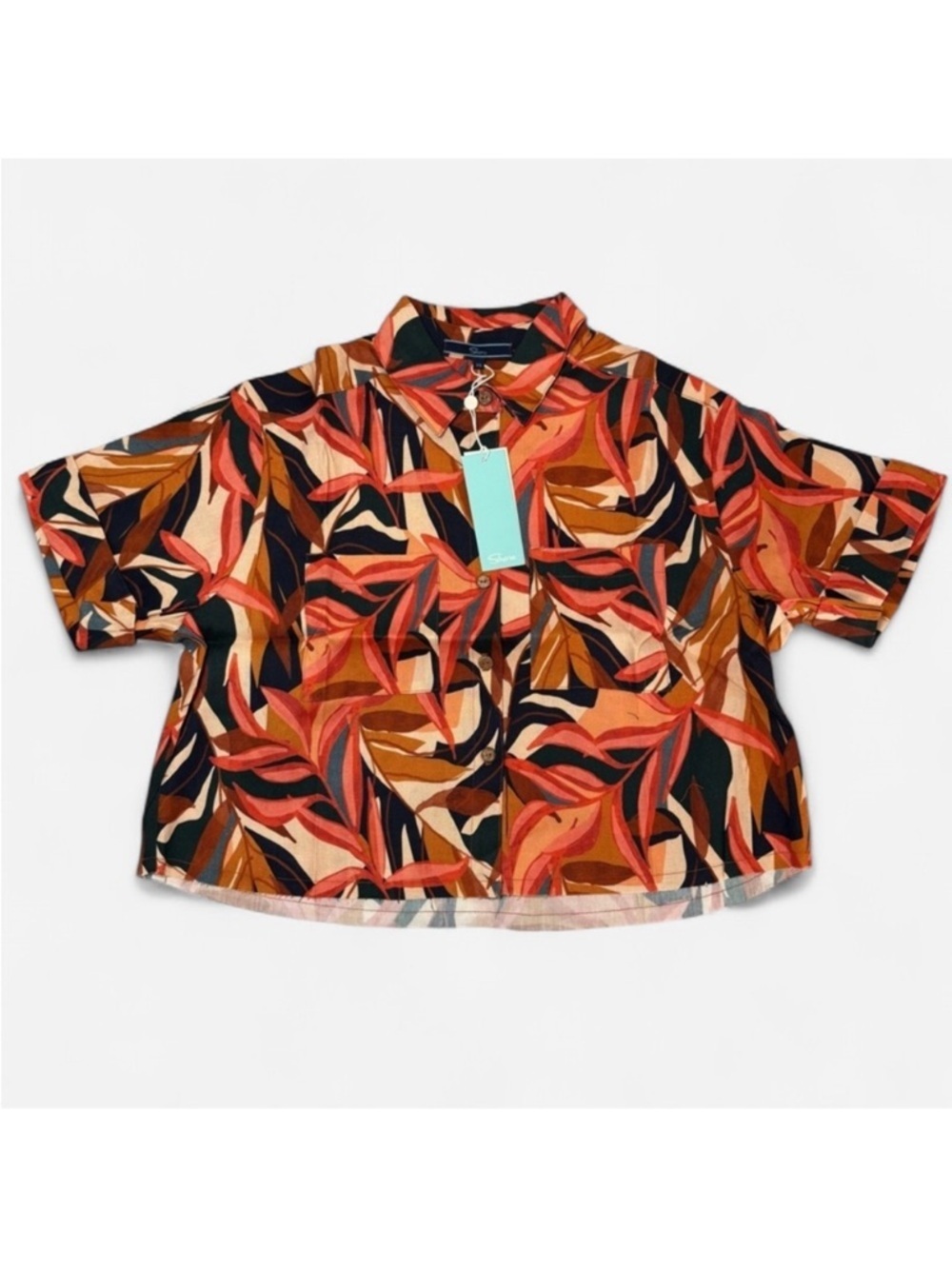 Shore Tropical Print Cropped Button Down Shirt NWT